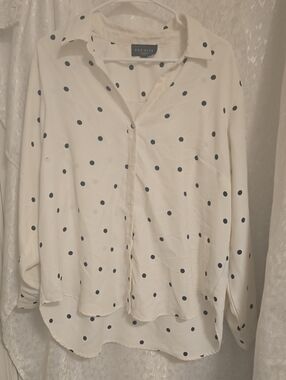 Premise Cream Button-Down Shirt with Navy Polka Dots